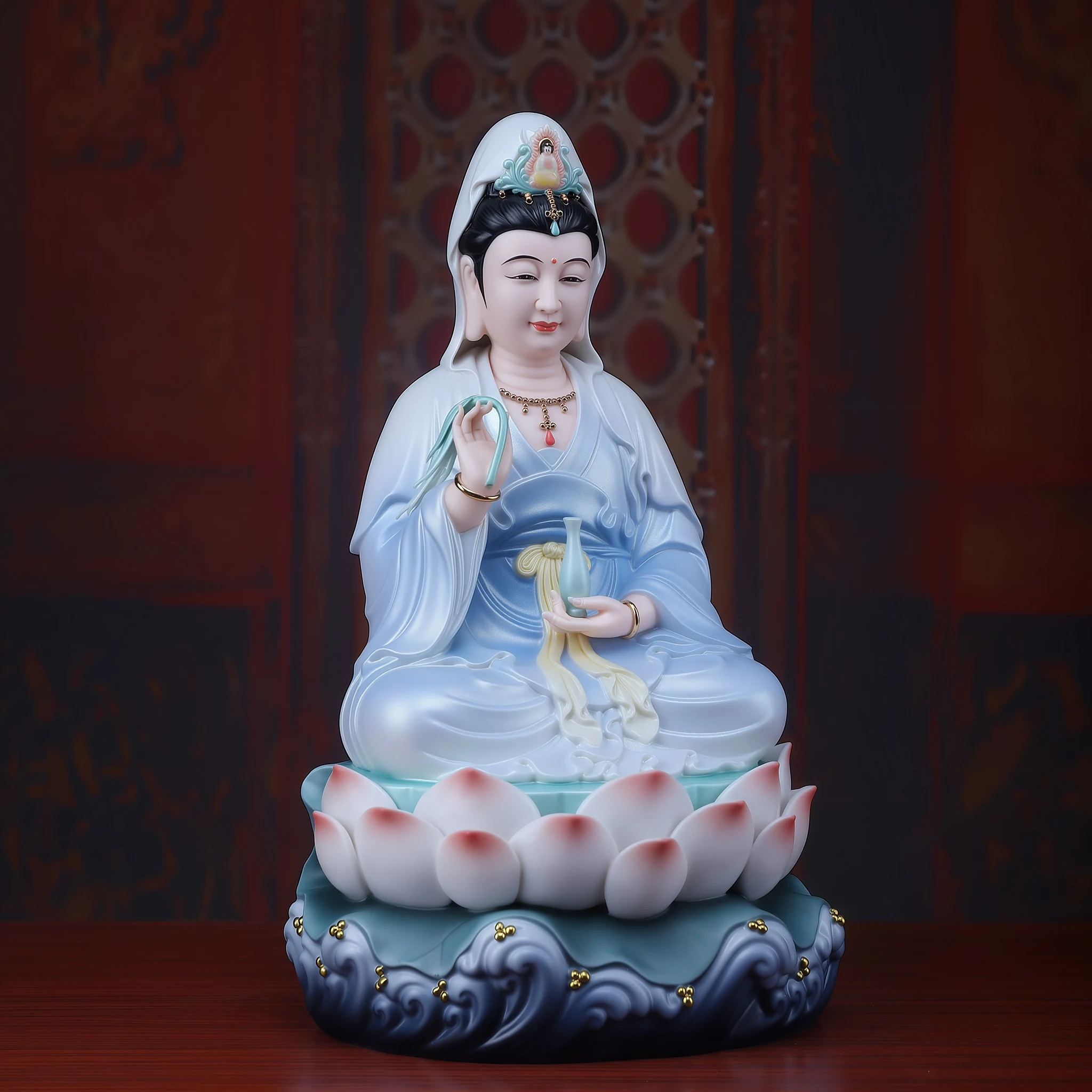 Three-quarter view of the blue-robed Cilian Kuan Yin statue, with a white veil and layered pink lotus seat