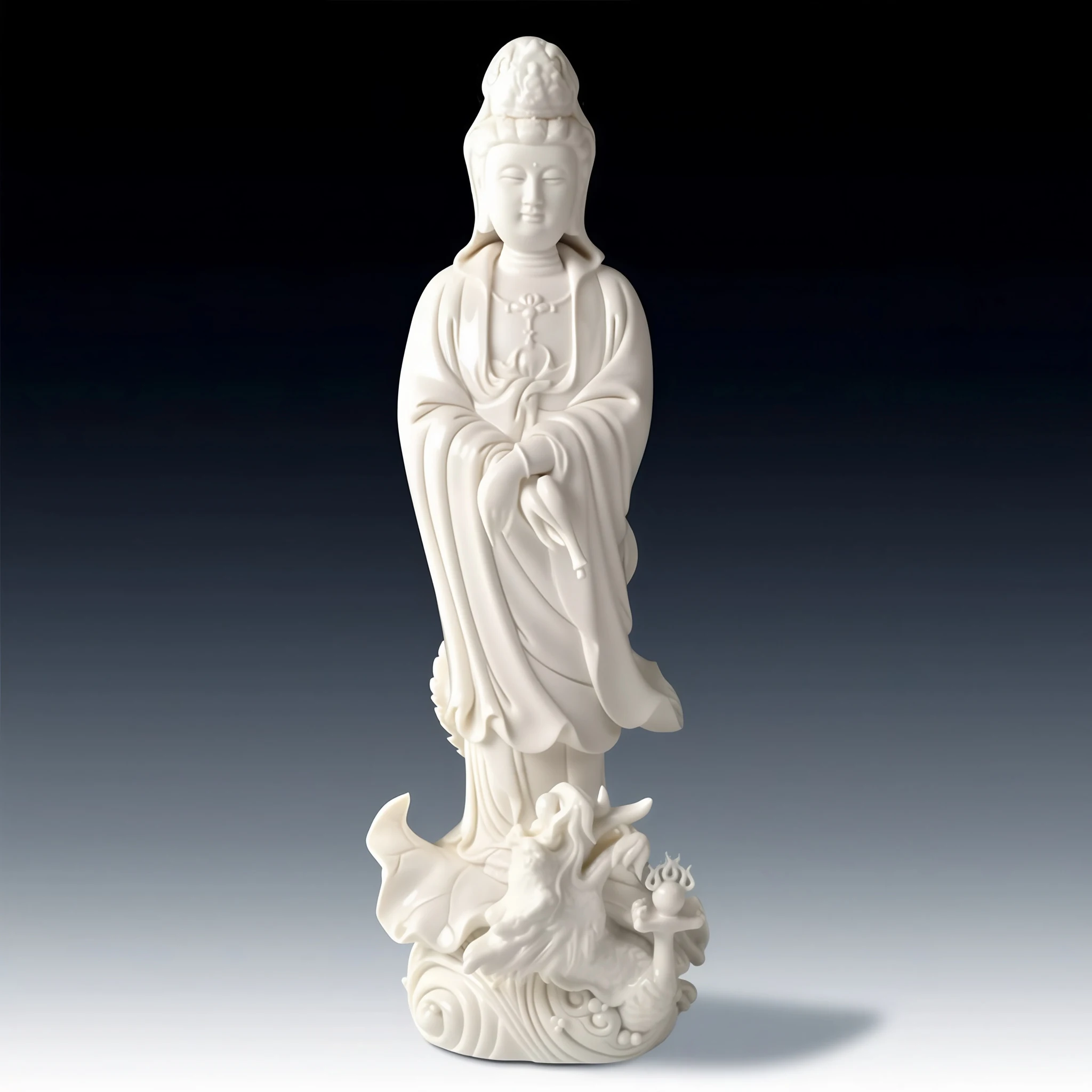 Full front view of the glazed white Dragon Guanyin statue, with crossed hands and a lotus leaf above a dragon and waves