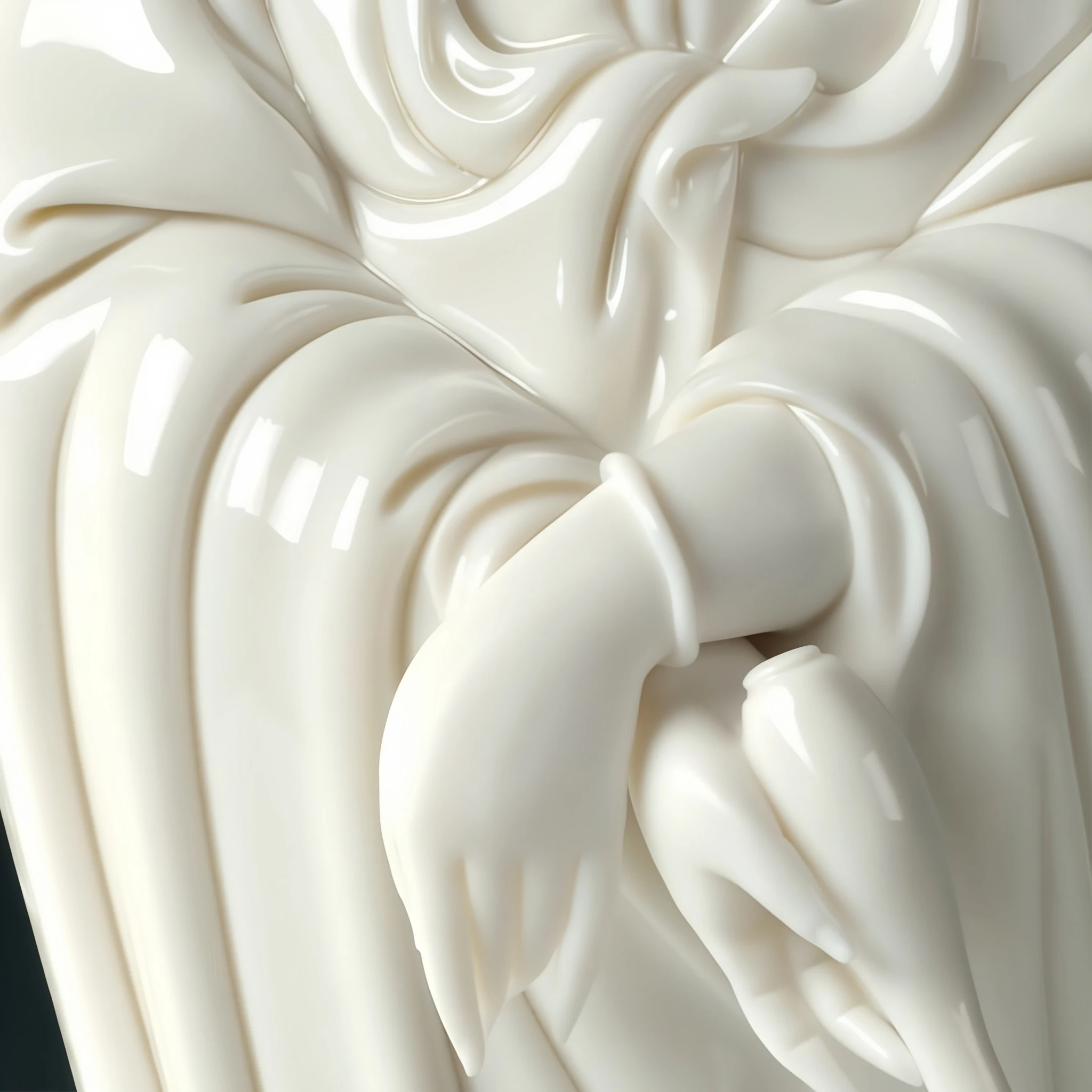 Crossed hands and draped sleeves of the white Dragon Guanyin statue