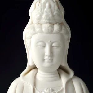 Dragon Guanyin — White · Face and Crown White Kuan Yin face and crown close-up, showing lowered eyes, a small smile and raised ceramic ornament