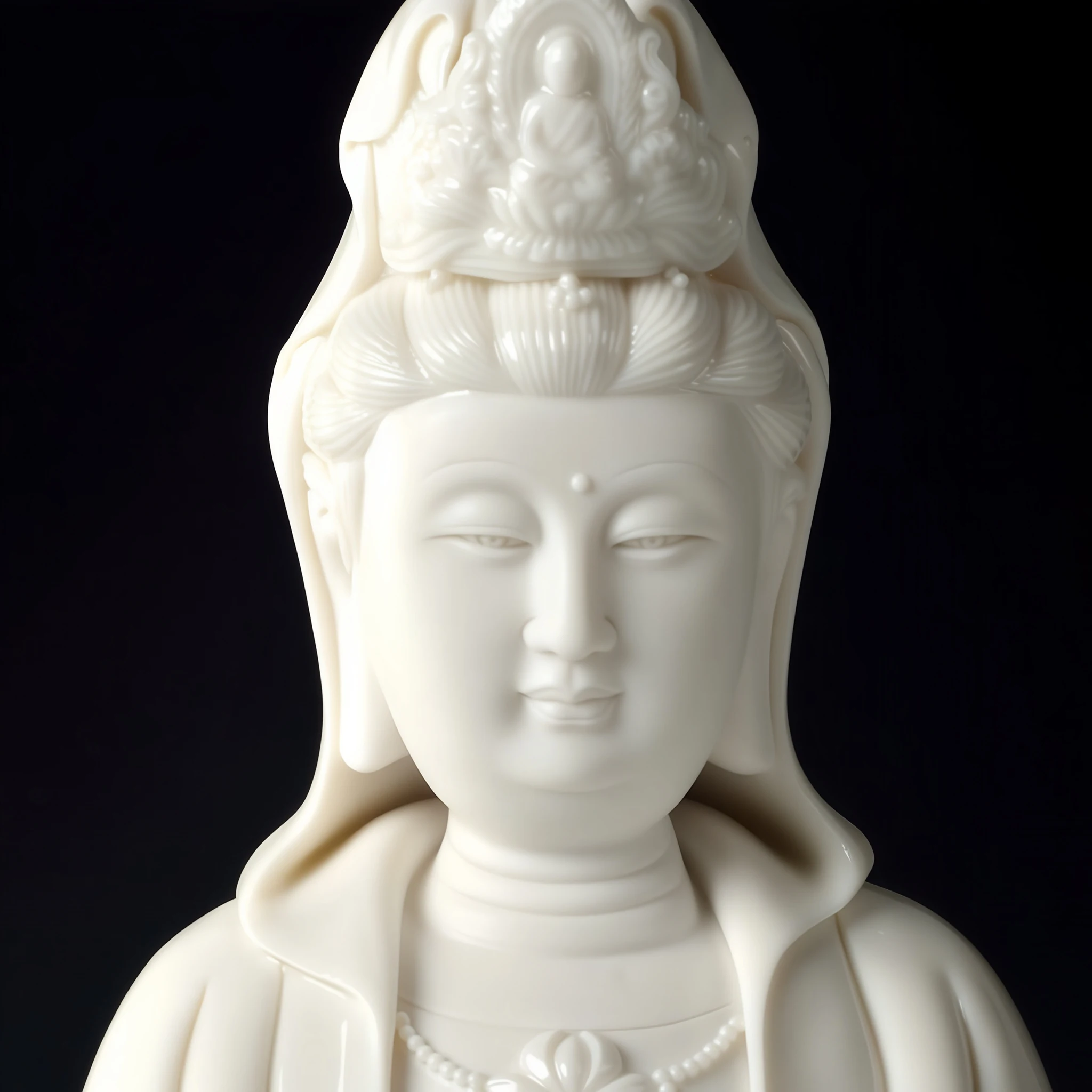White Kuan Yin face and crown close-up, showing lowered eyes, a small smile and raised ceramic ornament