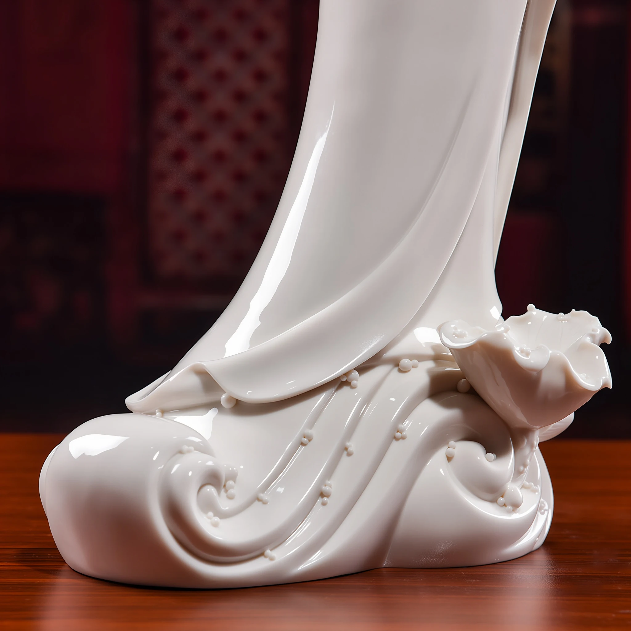 Lotus-leaf water inlet beside curling waves and small raised beads at the base of the dripping water Guanyin