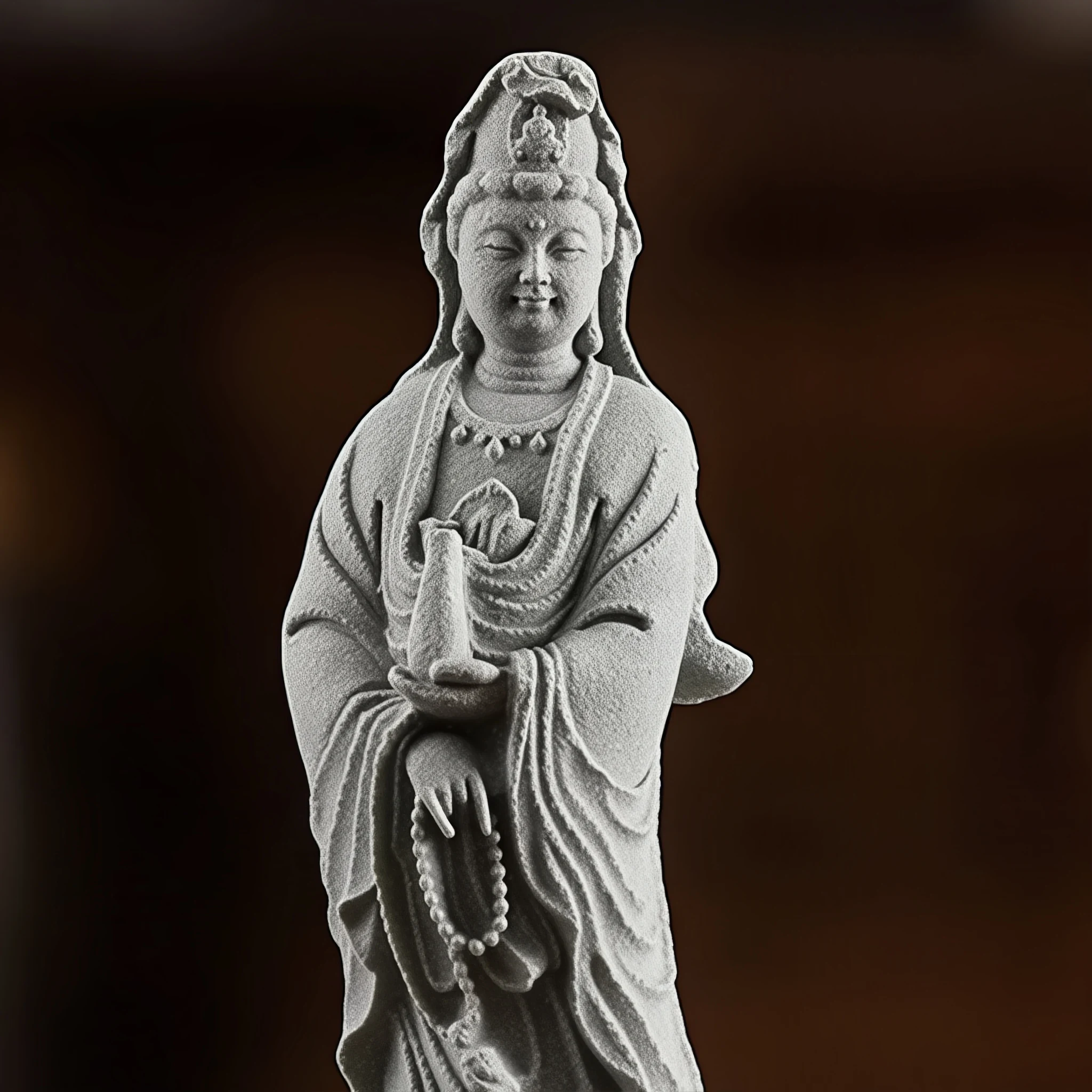 Duhai Jingping Kuan Yin detail showing the face, slender vase, lowered hand and hanging beads