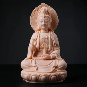Front view of the 15 cm (5.9 in) peach pink Foguang Guanyin statue, with a flame-shaped halo, raised hand and vase on a lotus seat