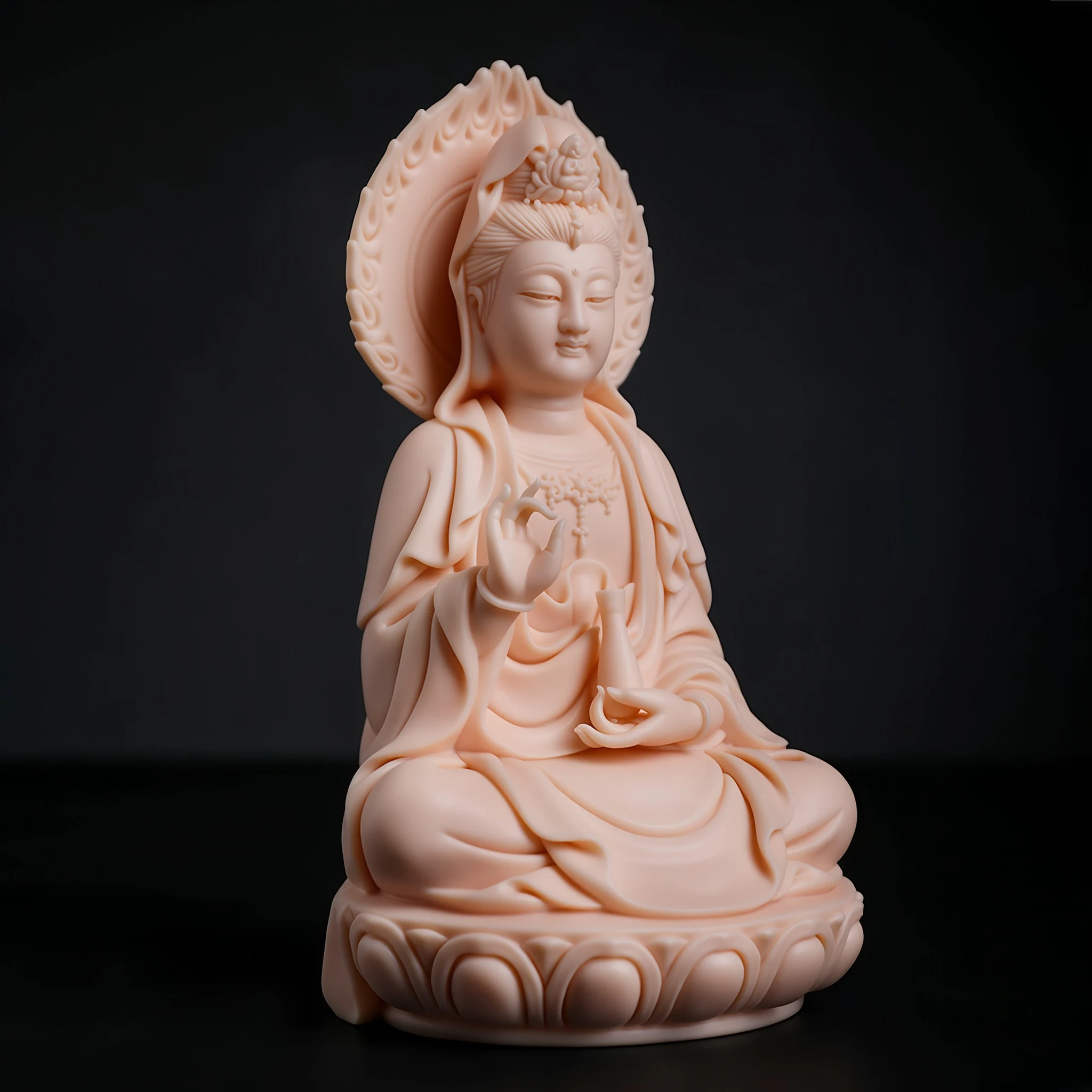 Three-quarter view of the small porcelain Foguang Kuan Yin statue, showing the halo, draped sleeves, vase and rounded lotus base