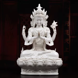 32 cm (12.6 in) Four-Armed Guanyin statue in white, with joined palms, raised lotus and a rounded lotus pedestal