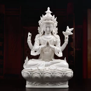 42 cm (16.5 in) Four-Armed Guanyin statue in white, with joined palms, raised lotus and a rounded lotus pedestal