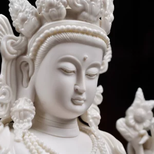 White Porcelain Guanyin — Face Detail Lowered eyes, softly modeled lips and sculpted earrings on the white porcelain Four-Armed Guanyin