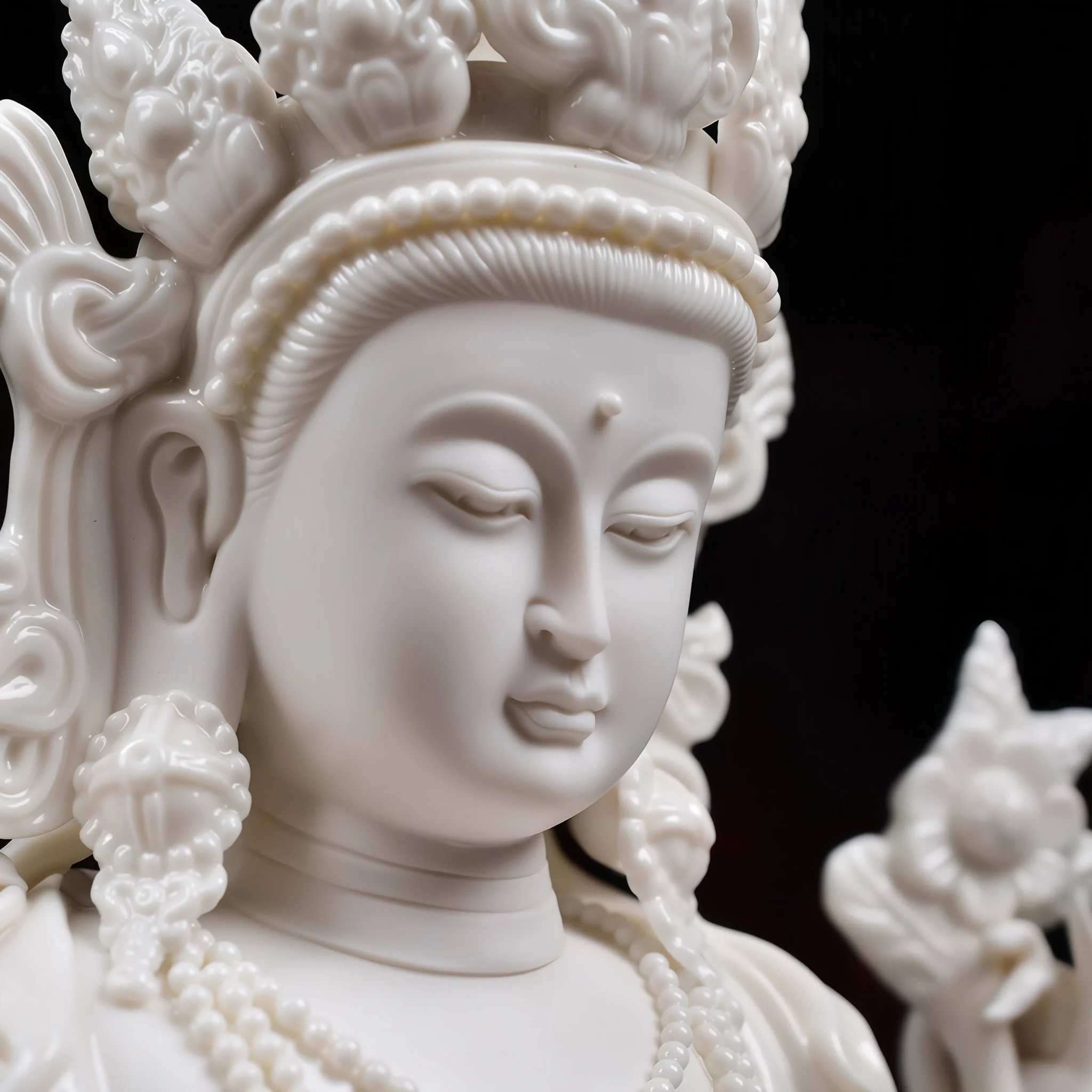Lowered eyes, softly modeled lips and sculpted earrings on the white porcelain Four-Armed Guanyin