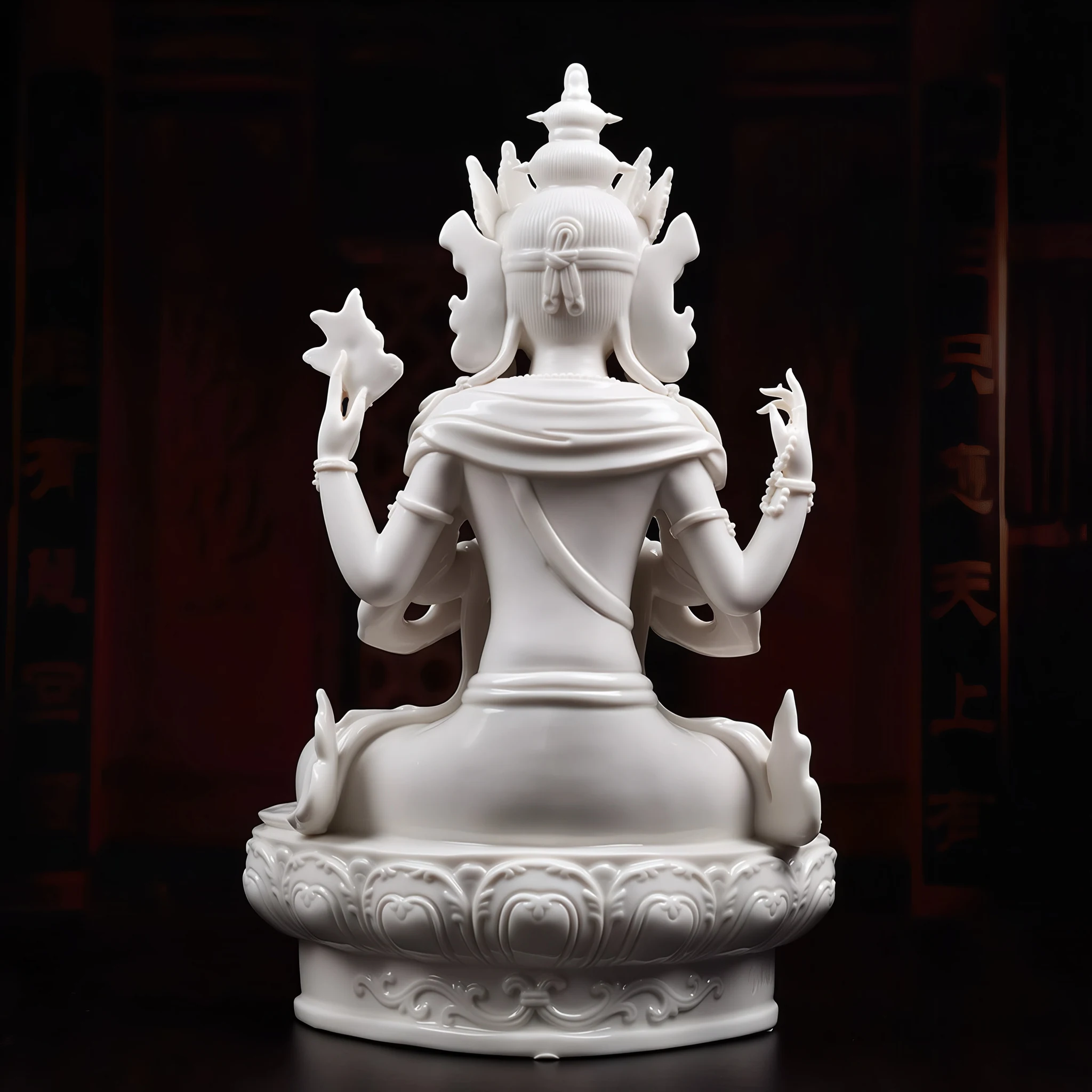 Rear view showing the headdress ties, four arms and draped robes of the white porcelain Guanyin