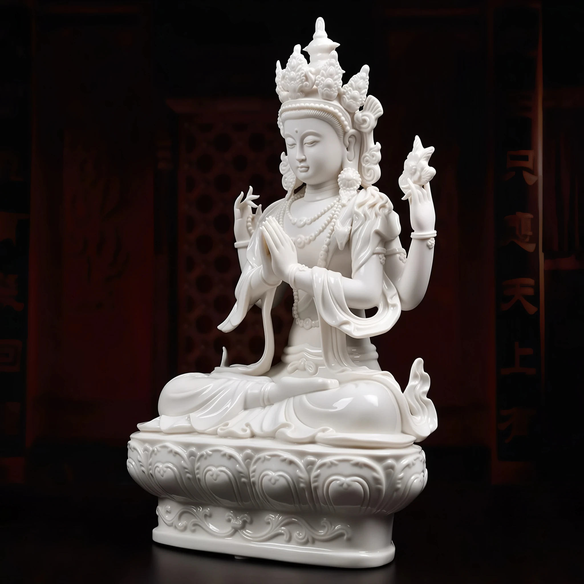 Three-quarter view of the white Four-Armed Guanyin with a tall crown, raised lotus and rounded pedestal
