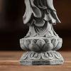 Guanyin lotus pedestal detail showing bare feet, draped robes and rounded petals in gray