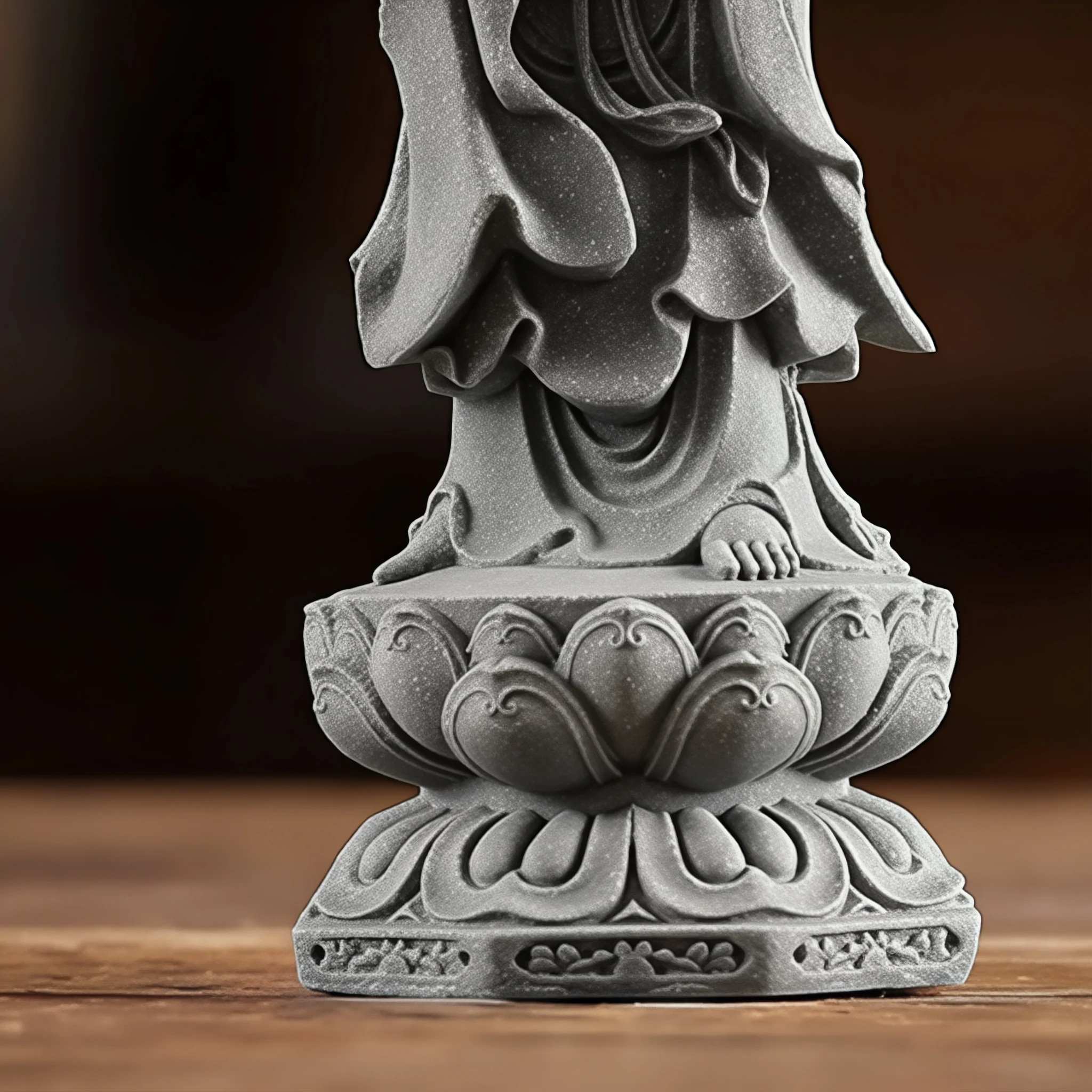 Guanyin lotus pedestal detail showing bare feet, draped robes and rounded petals in gray