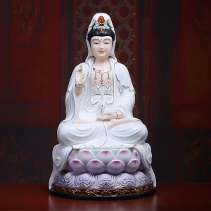Front of a 45.5 cm (17.9 in) seated Guanyin statue in white with a purple lotus base and gold-colored accents