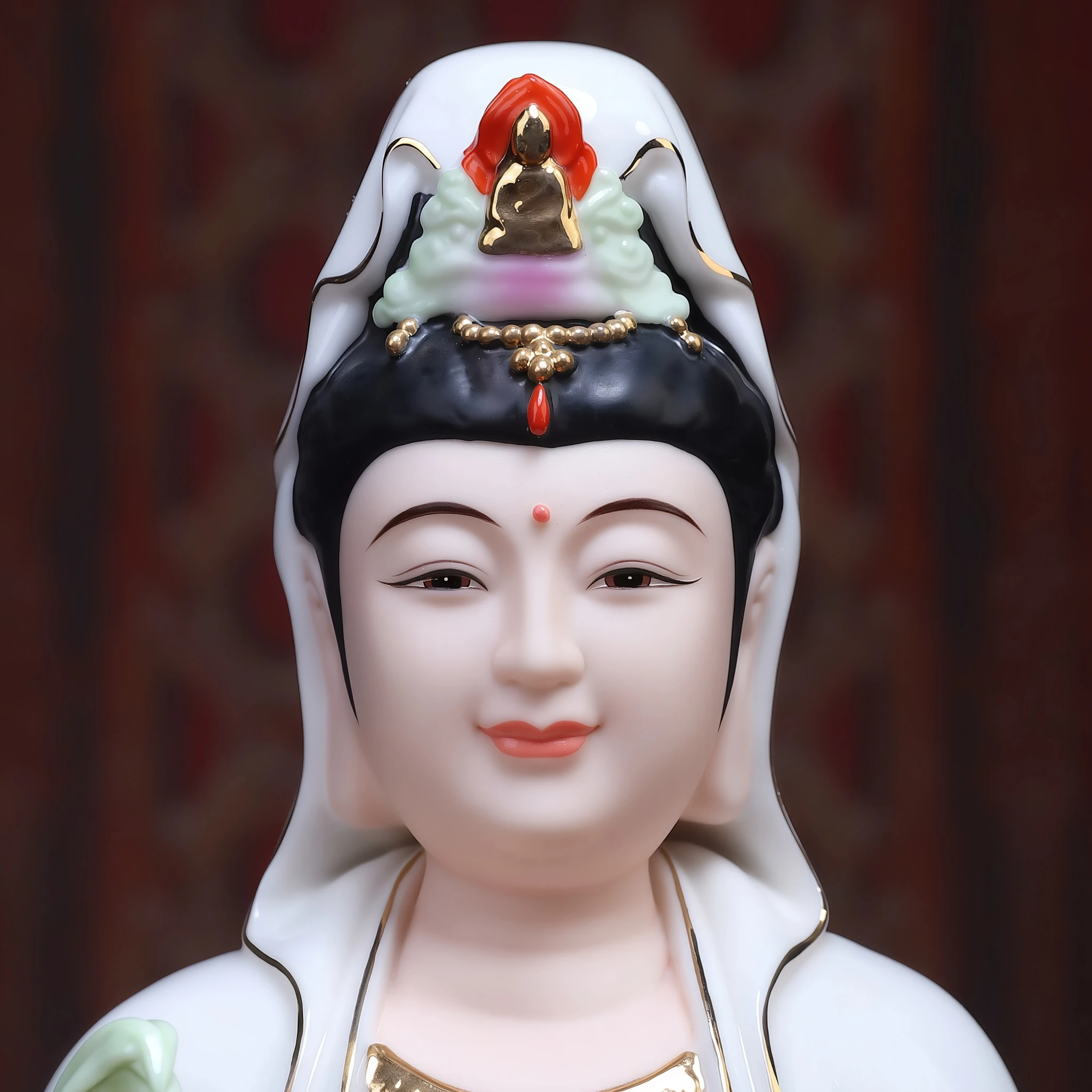 Smiling face, painted eyes and ornate crown of a white and purple Guanyin statue