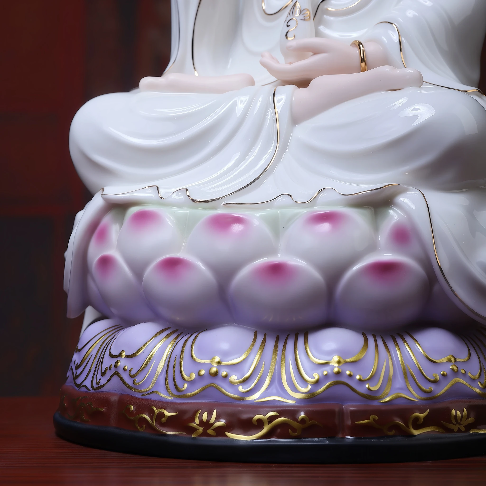 Purple and pink lotus petals above a carved pedestal with gold-colored scrollwork