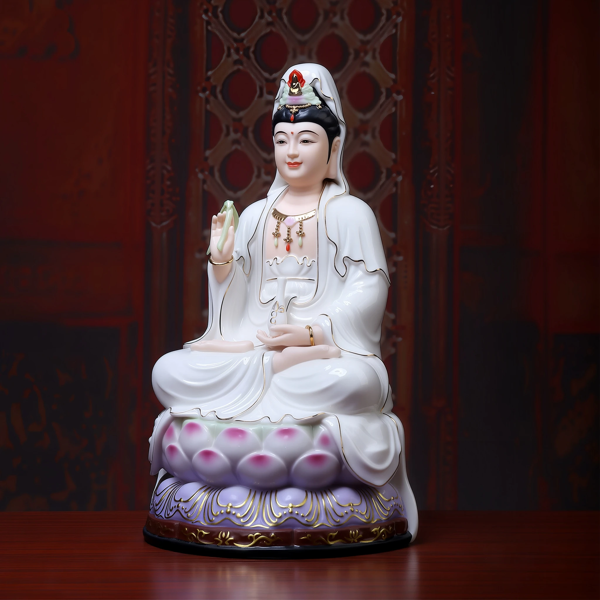 Opposite angled view of a seated Guanyin statue with white robes, gold-colored borders and a purple lotus base