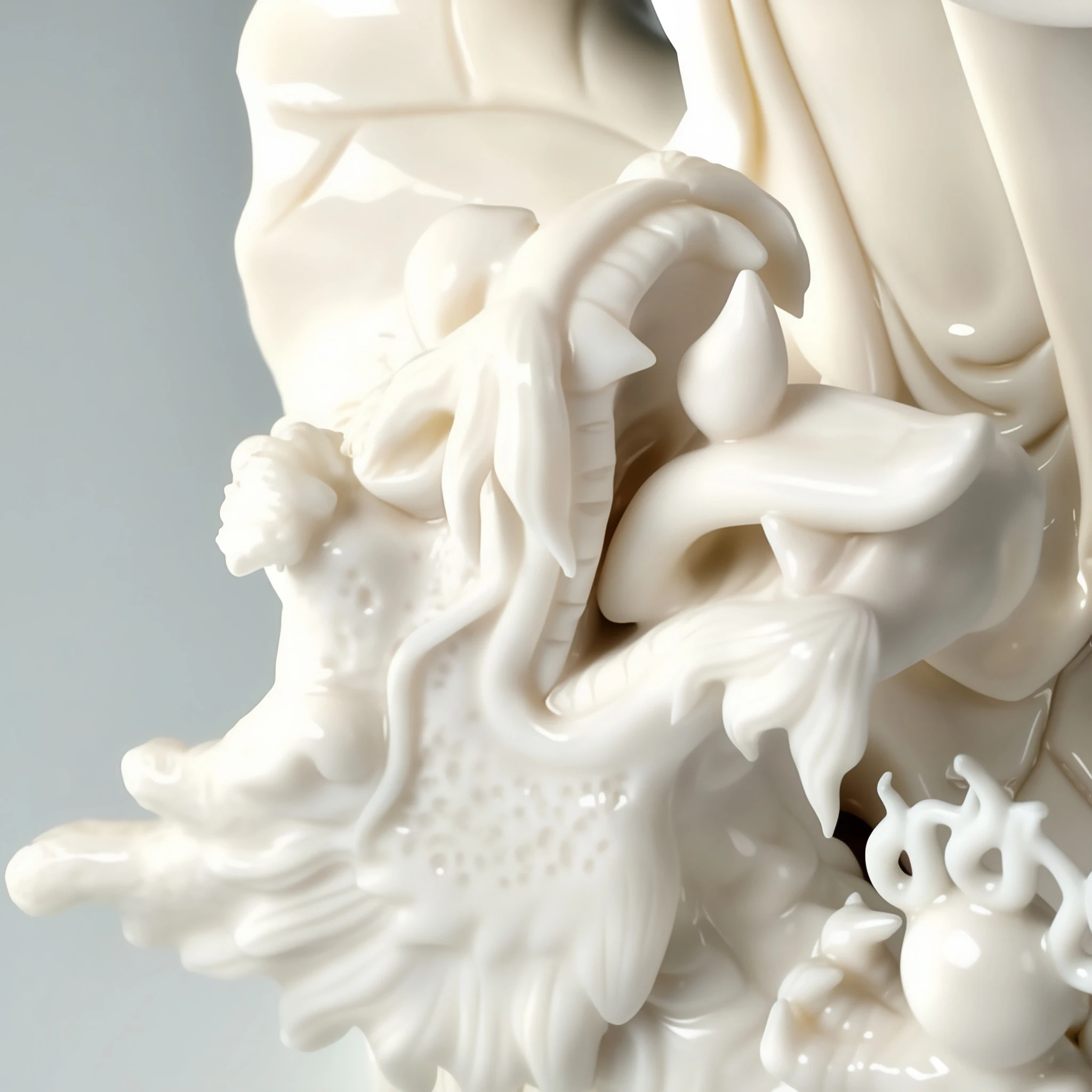 Close-up of the white ceramic dragon head, with curling whiskers and horns beneath Guanyin