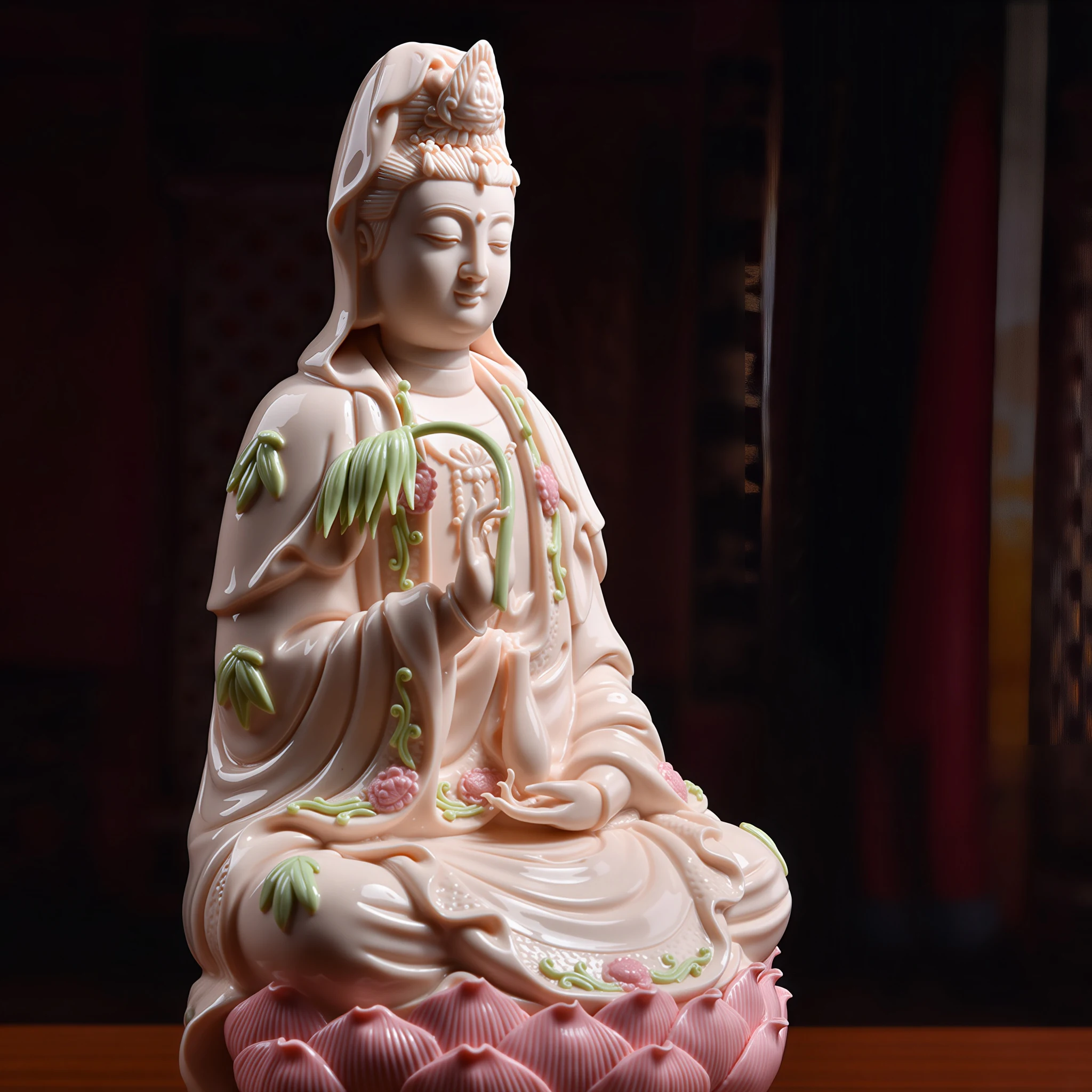 Three-quarter view of Hejia Ping An Guanyin with a green willow branch and floral robes