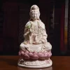 28 cm (11.0 in) Hejia Ping An Guanyin statue in pink & green porcelain, holding a willow branch and vase on a lotus base