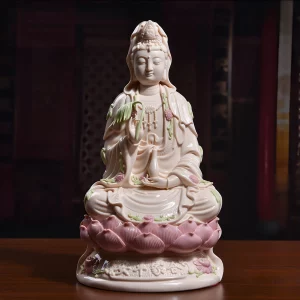 28 cm (11.0 in) Hejia Ping An Guanyin statue in pink & green porcelain, holding a willow branch and vase on a lotus base
