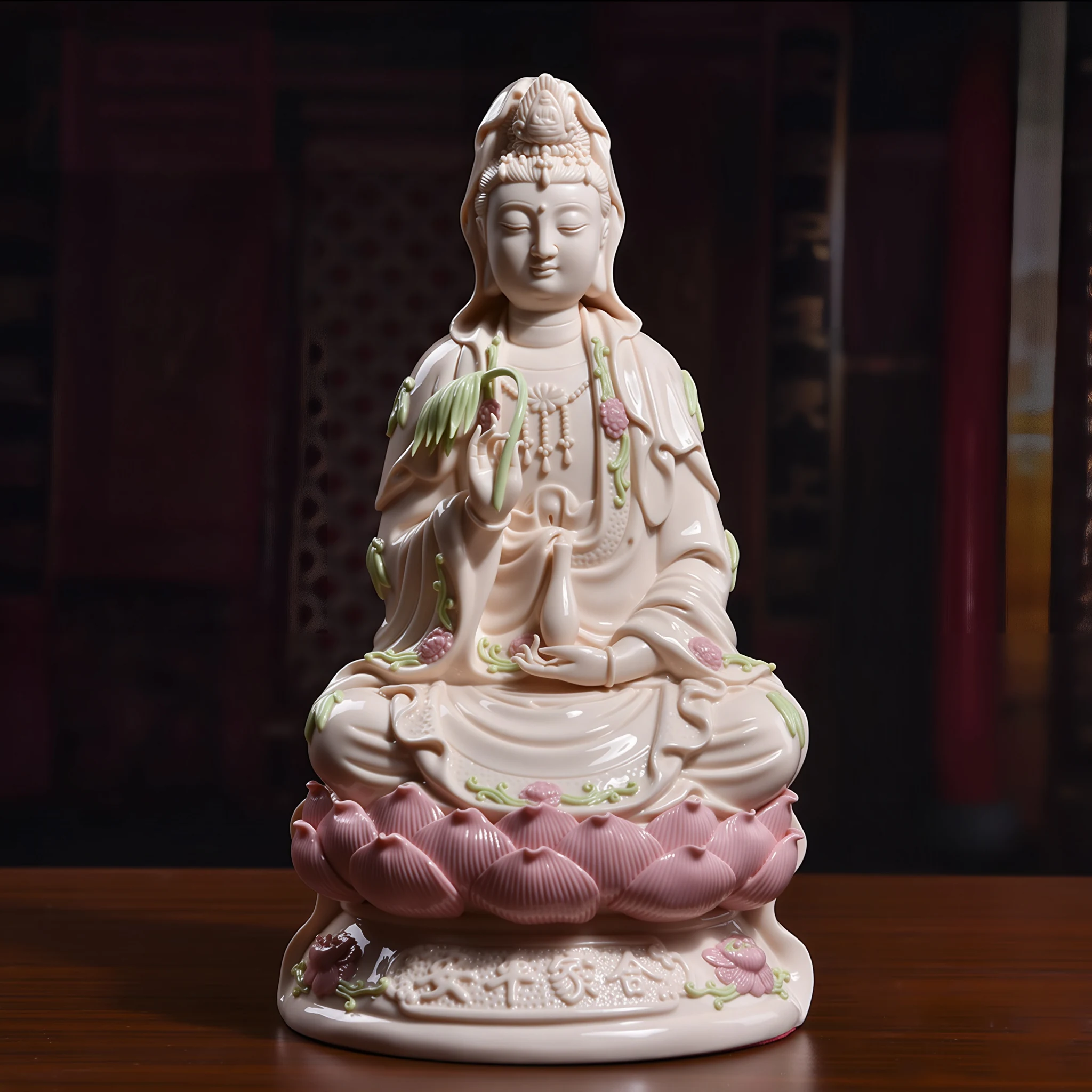 28 cm (11.0 in) Hejia Ping An Guanyin statue in pink & green porcelain, holding a willow branch and vase on a lotus base