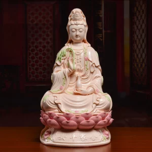 41 cm (16.1 in) Hejia Ping An Guanyin statue in pink & green porcelain, holding a willow branch and vase on a lotus base