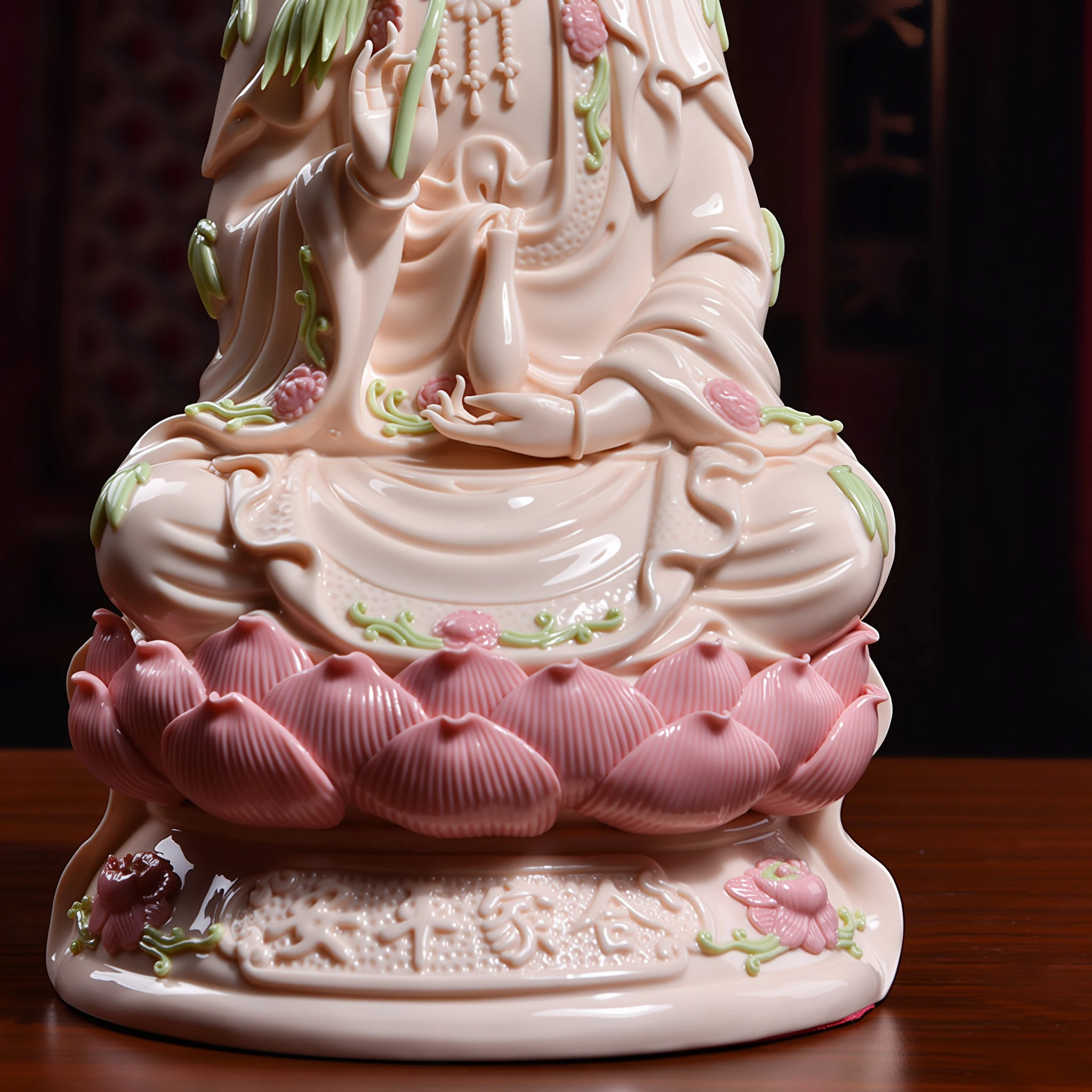 Slender vase, pink lotus petals and family-peace inscription on Hejia Ping An Guanyin