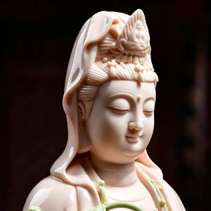Face, crown and hood of the pink and green Hejia Ping An Kuan Yin porcelain statue