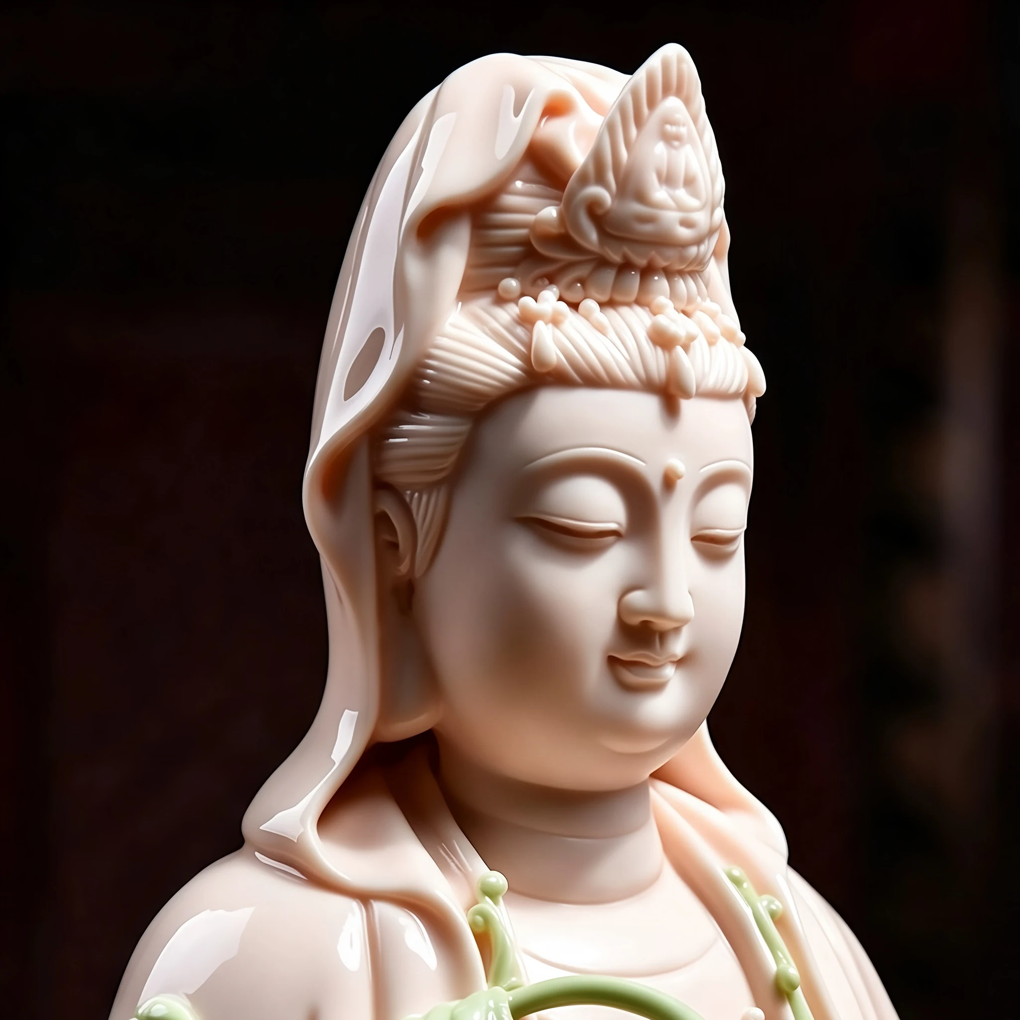 Face, crown and hood of the pink and green Hejia Ping An Kuan Yin porcelain statue