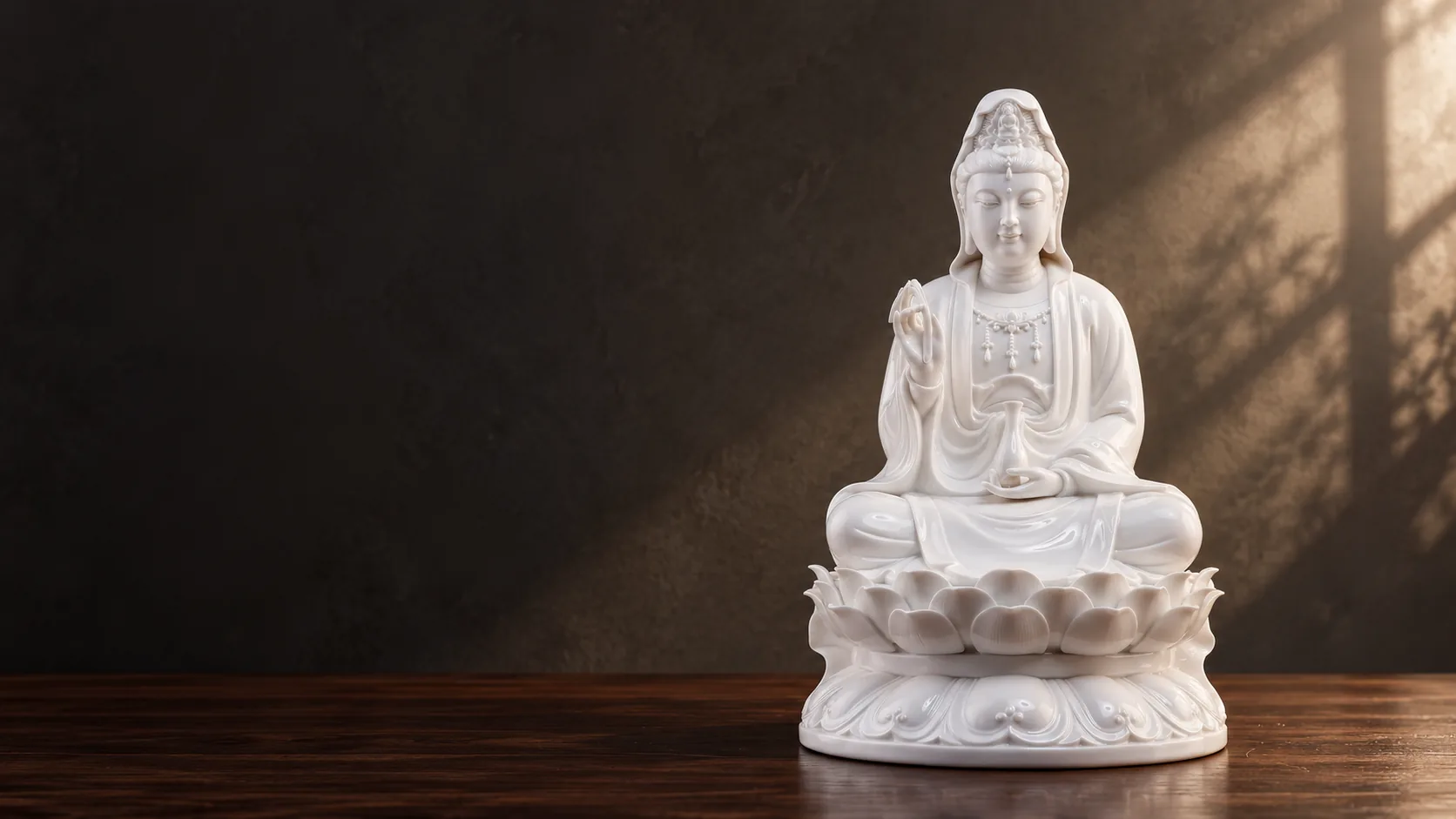 A single white porcelain Guanyin on a dark wood surface, softly lit by morning light.