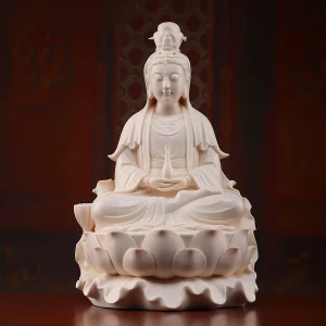 40 cm (15.7 in) Heye Guanyin statue in warm cream, holding a vase with both hands above a lotus and curled leaf base