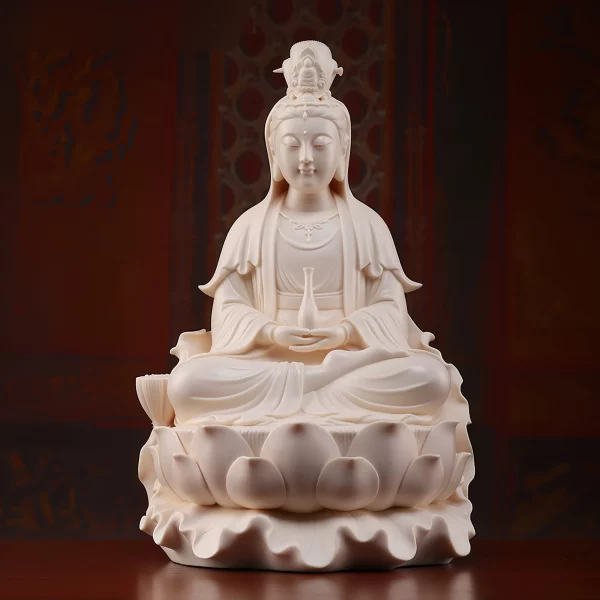 40 cm (15.7 in) Heye Guanyin statue in warm cream, holding a vase with both hands above a lotus and curled leaf base