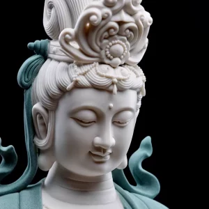 Hezhang Guanyin in Teal — Face and crown detail Close-up of Hezhang Kuan Yin’s lowered eyes, softly smiling face and raised crown ornaments