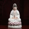 31 cm (12.2 in) Jingping Guanyin statue holding a slender gold-colored vase on a pink and white lotus seat