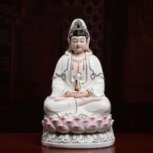 Jingping Guanyin — 31 cm (12.2 in) vase-holding form 31 cm (12.2 in) Jingping Guanyin statue holding a slender gold-colored vase on a pink and white lotus seat
