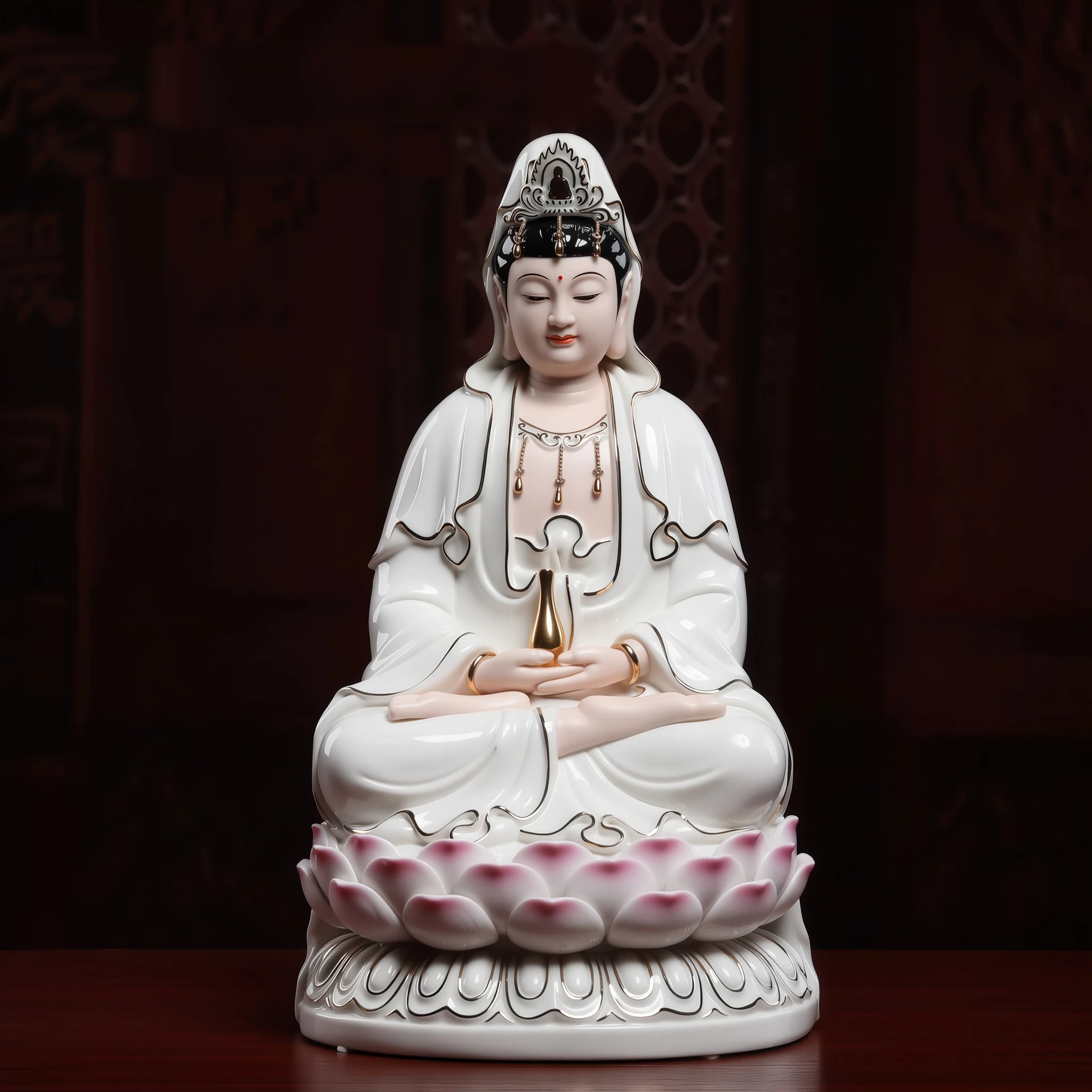 31 cm (12.2 in) Jingping Guanyin statue holding a slender gold-colored vase on a pink and white lotus seat