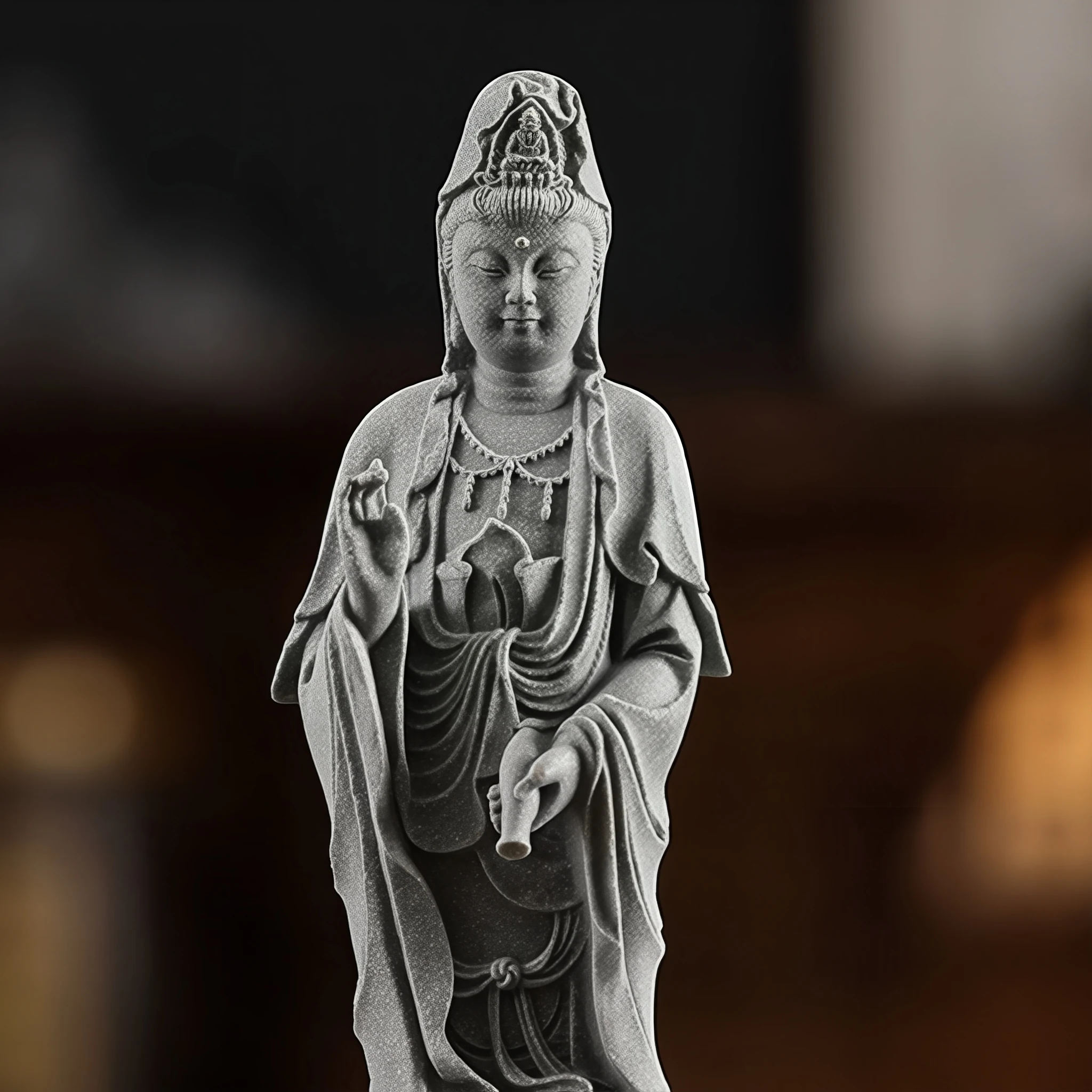 Jingping Kuan Yin detail showing the veiled crown, lowered eyes, raised hand and tilted water vase