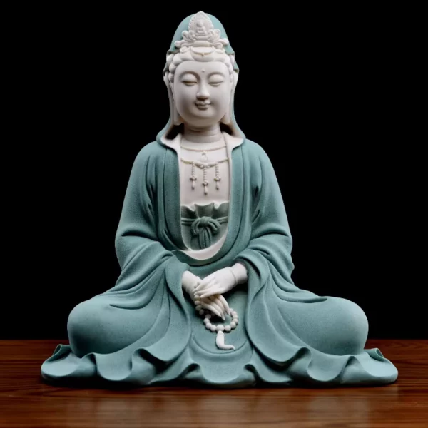 Front view of the 29.5 cm (11.6 in) Jingsi Guanyin statue in teal and white, with prayer beads resting in the lap above flowing robes