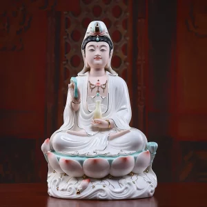 Jixiang Guanyin in white robes & gold accents, 30 cm (11.8 in), holding a leafy stem and pale yellow vase above pink-tipped lotus petals and a white wave-pattern base