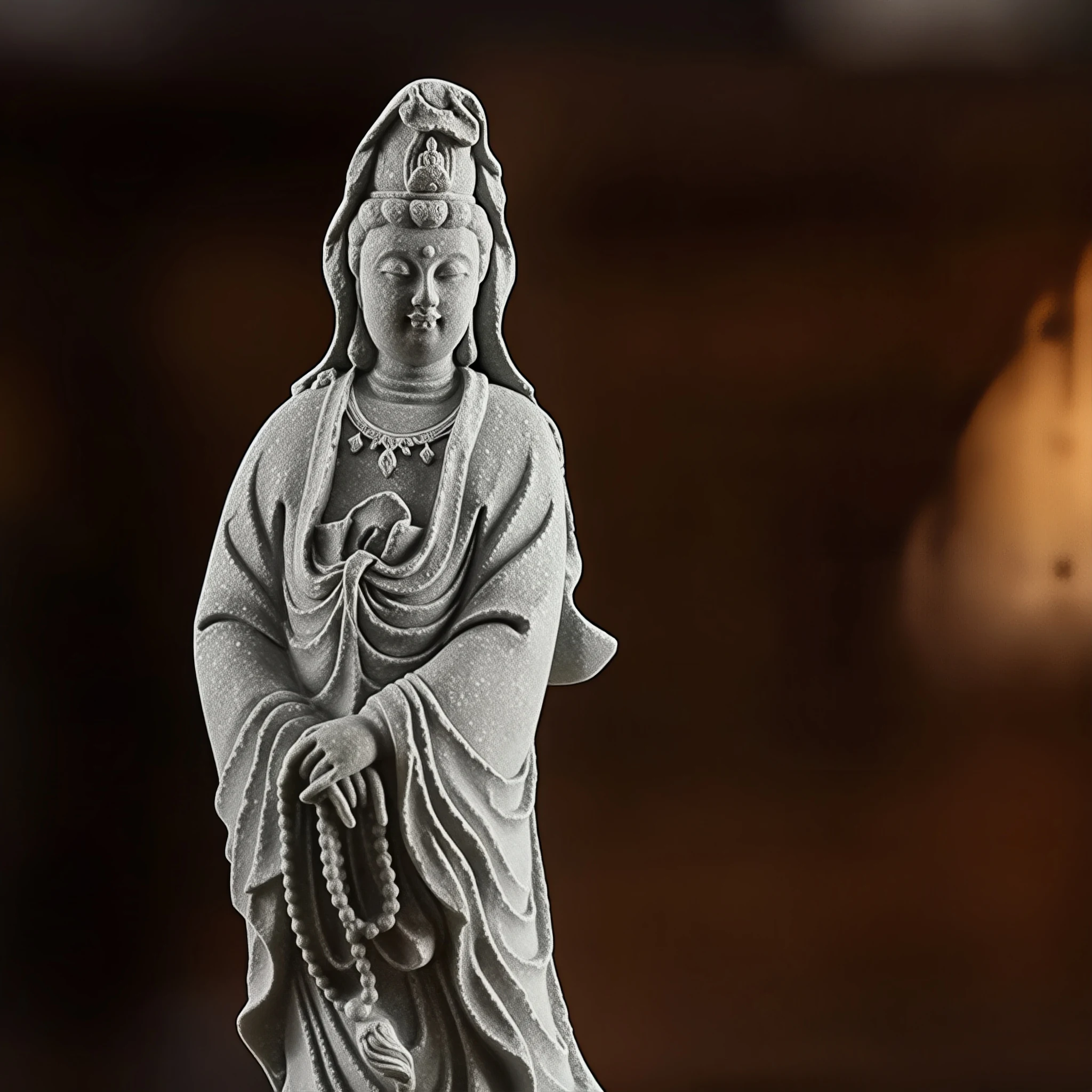 Lianhua Kuan Yin front detail showing the crown, face, layered robes and prayer beads held below the waist