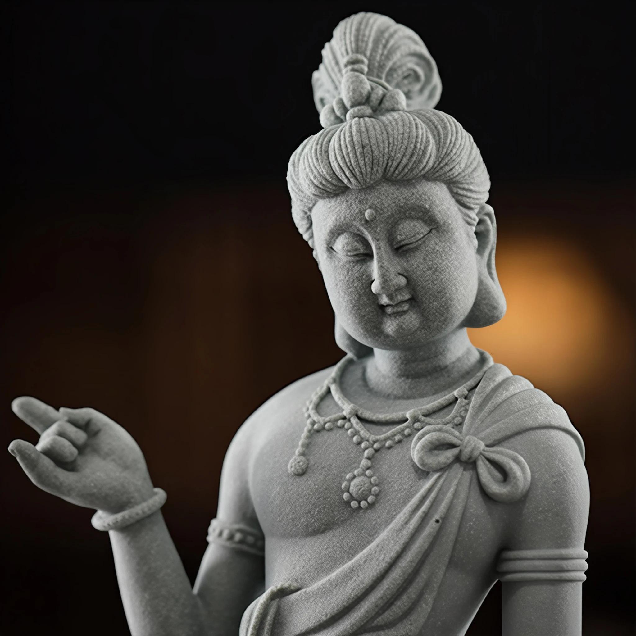 Liantai Guanyin close-up showing the inclined face, raised right hand, necklace and shoulder knot