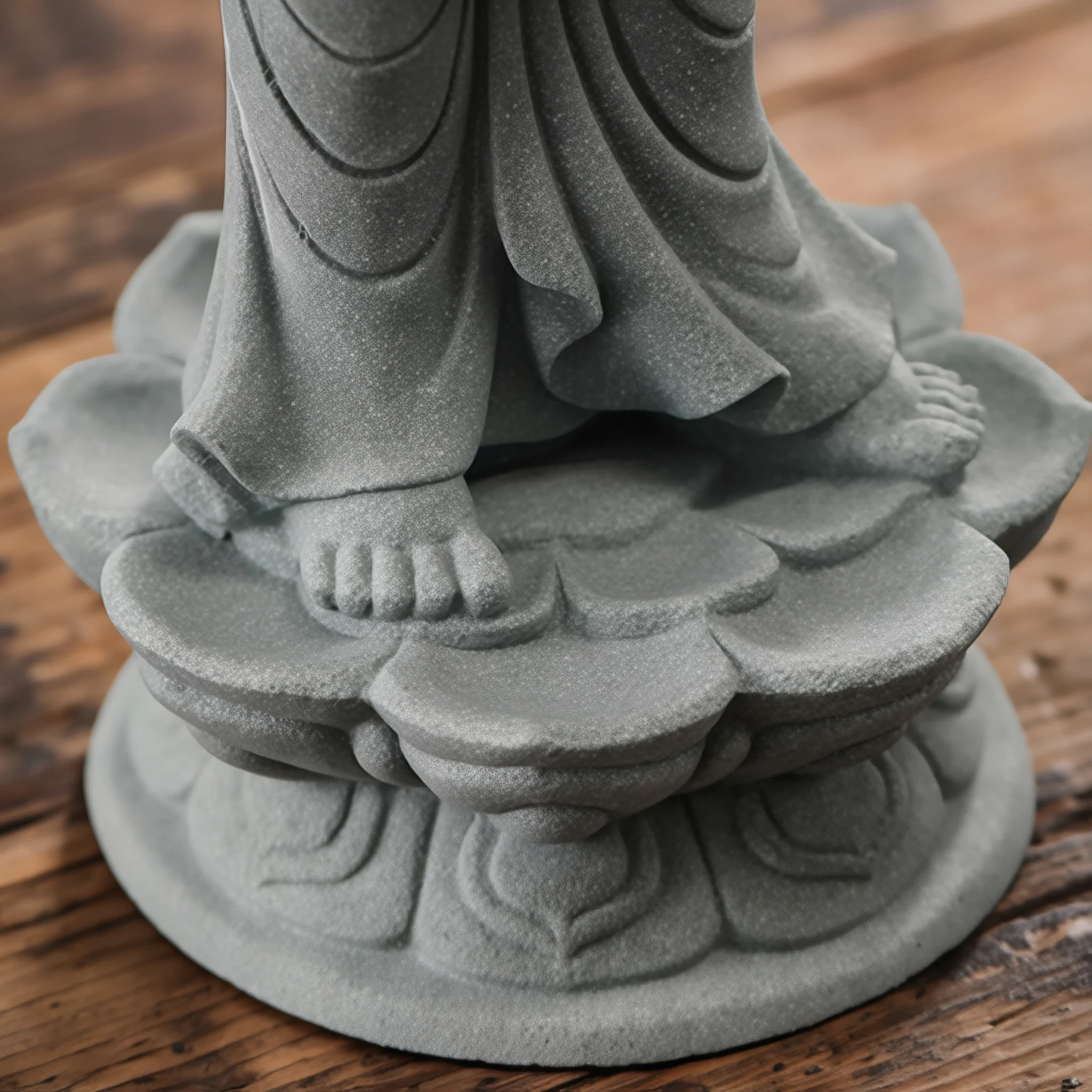 Bare feet of the standing Guanyin on the layered lotus pedestal, viewed from above