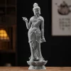 Gray Lotus Pedestal Guanyin statue, 40 cm tall, standing with a raised hand and draped robes