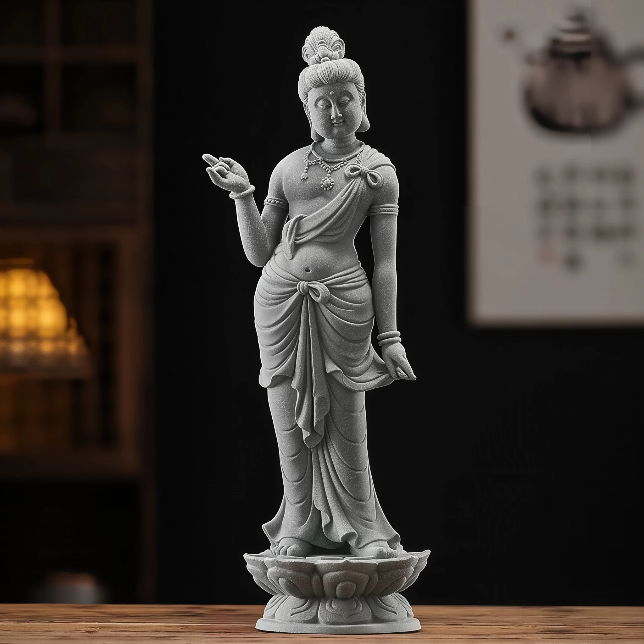 Gray Lotus Pedestal Guanyin statue, 40 cm tall, standing with a raised hand and draped robes
