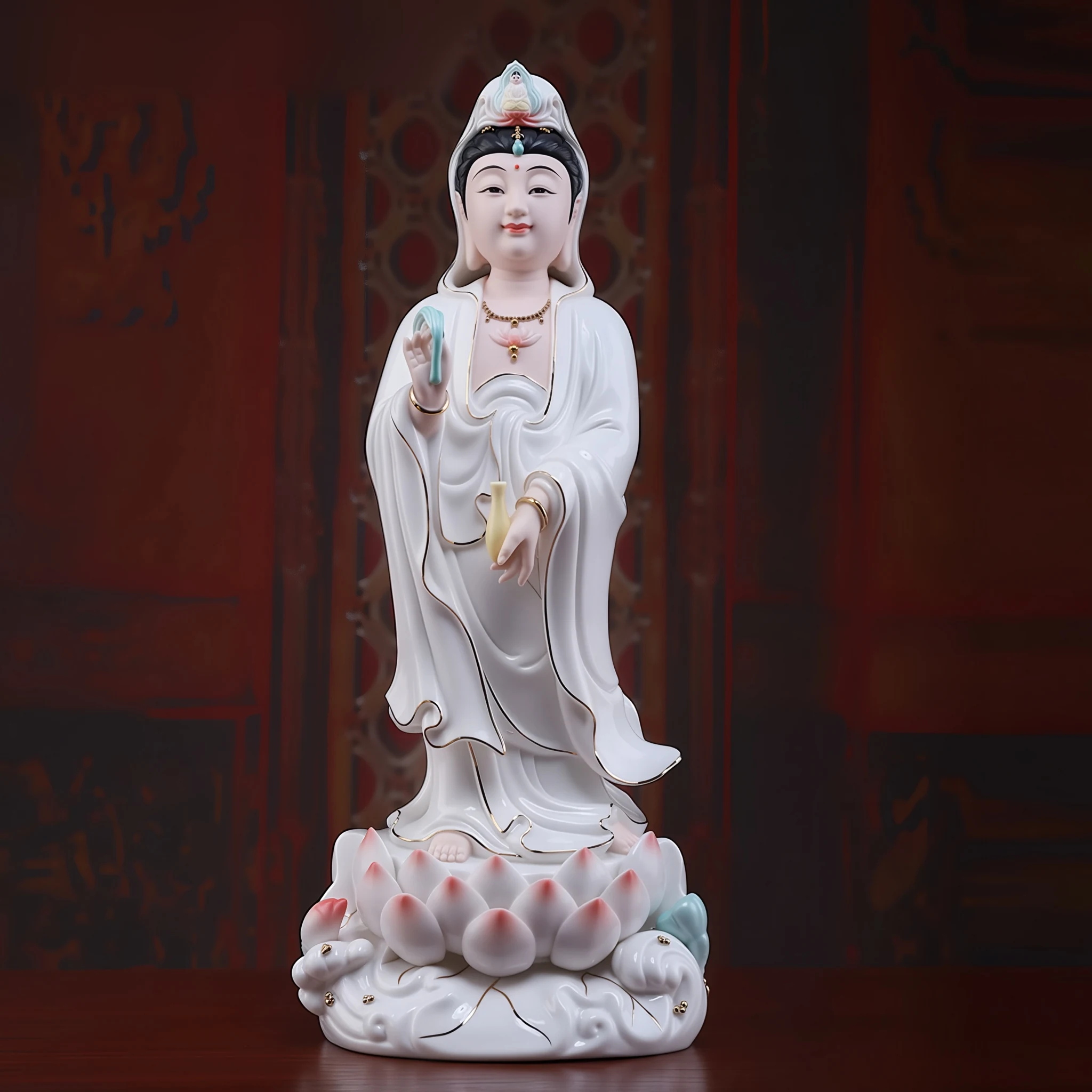 39 cm (15.4 in) Lihe Guanyin statue in white robes with gold-tone edging, holding a vase on a pink-tipped lotus base