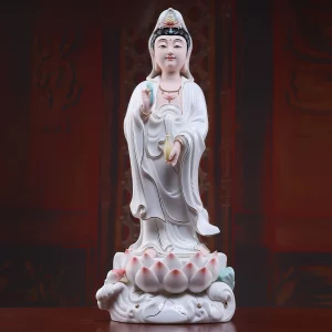 46.5 cm (18.3 in) Lihe Guanyin statue in white robes with gold-tone edging, holding a vase on a pink-tipped lotus base
