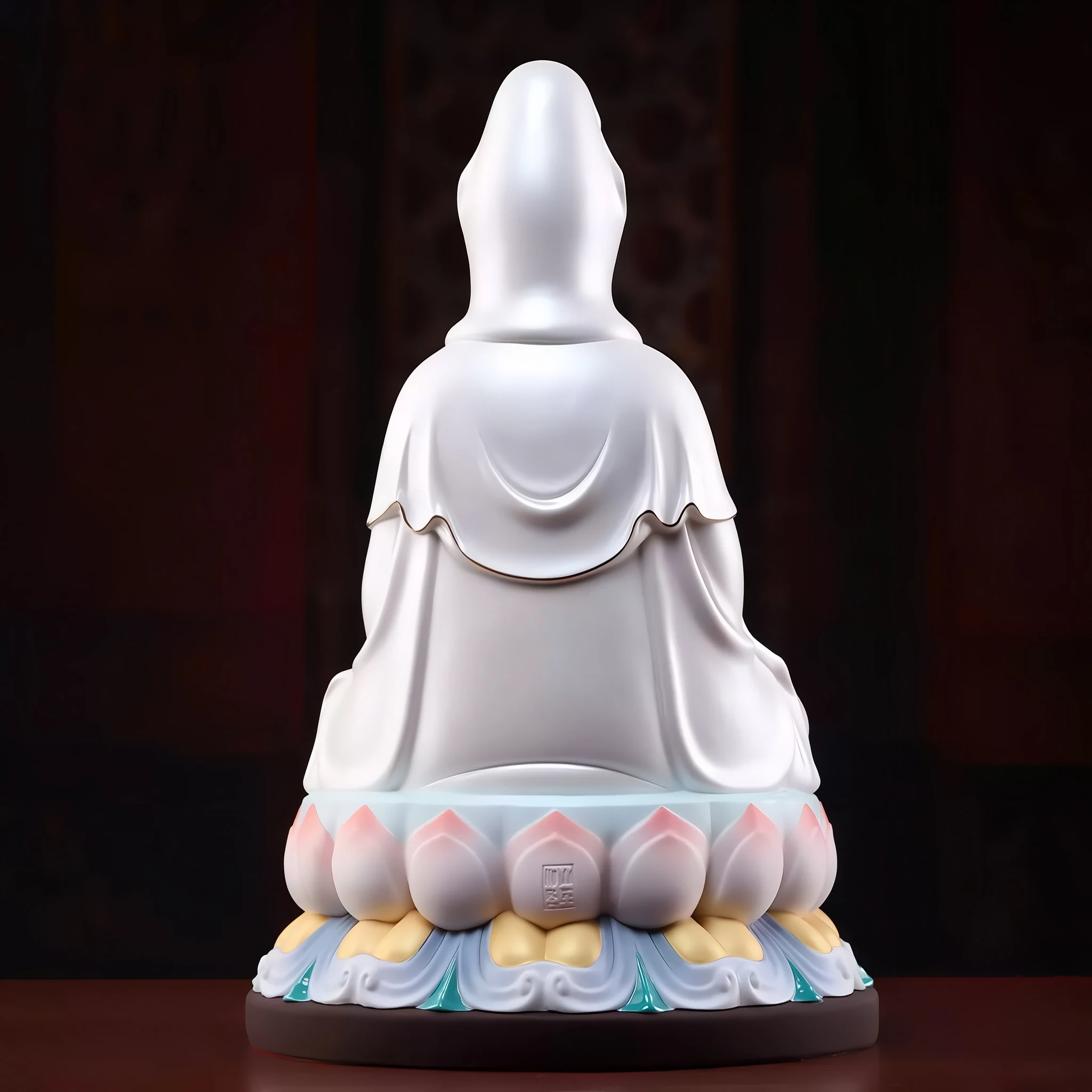 Rear view of the Linghui Guanyin statue showing the white hood, long robe folds and painted lotus pedestal