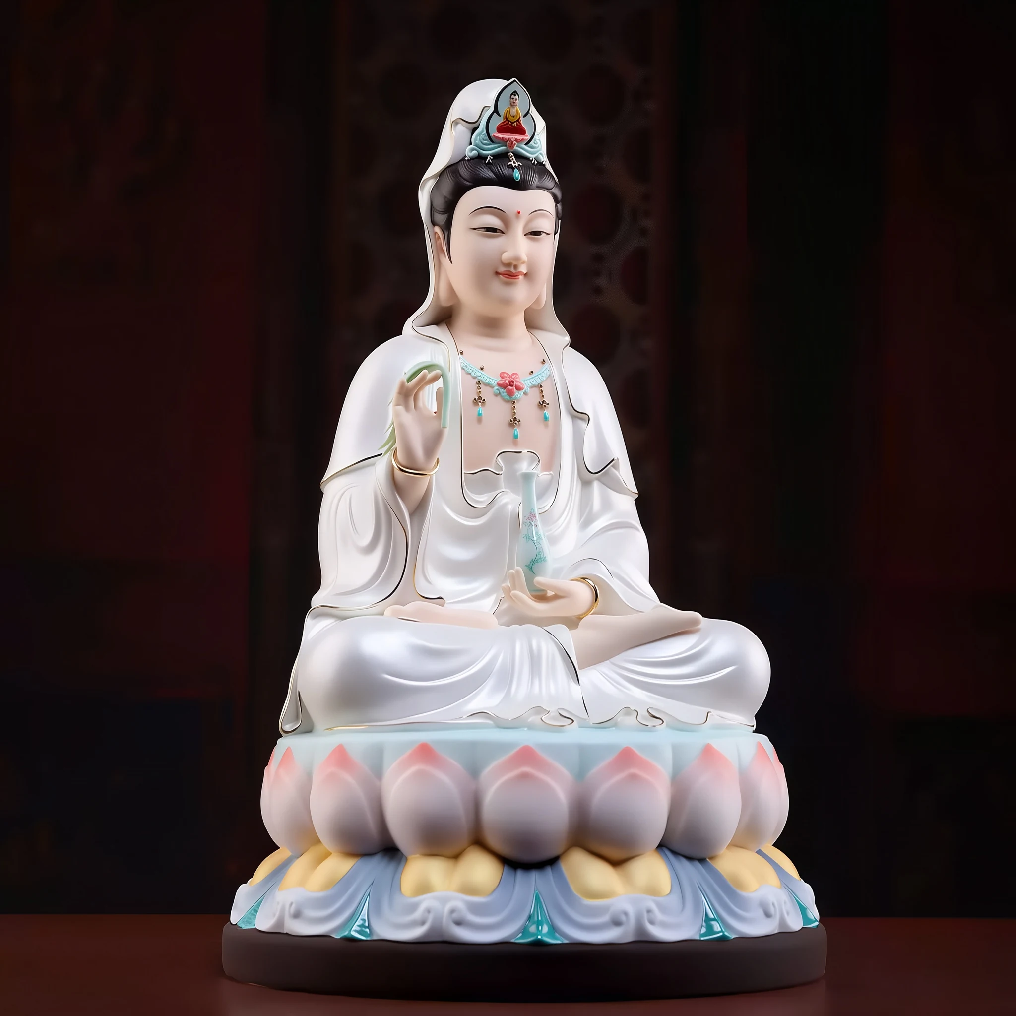 Three-quarter view of Linghui Guanyin showing the raised willow, crossed legs and rounded pastel lotus pedestal