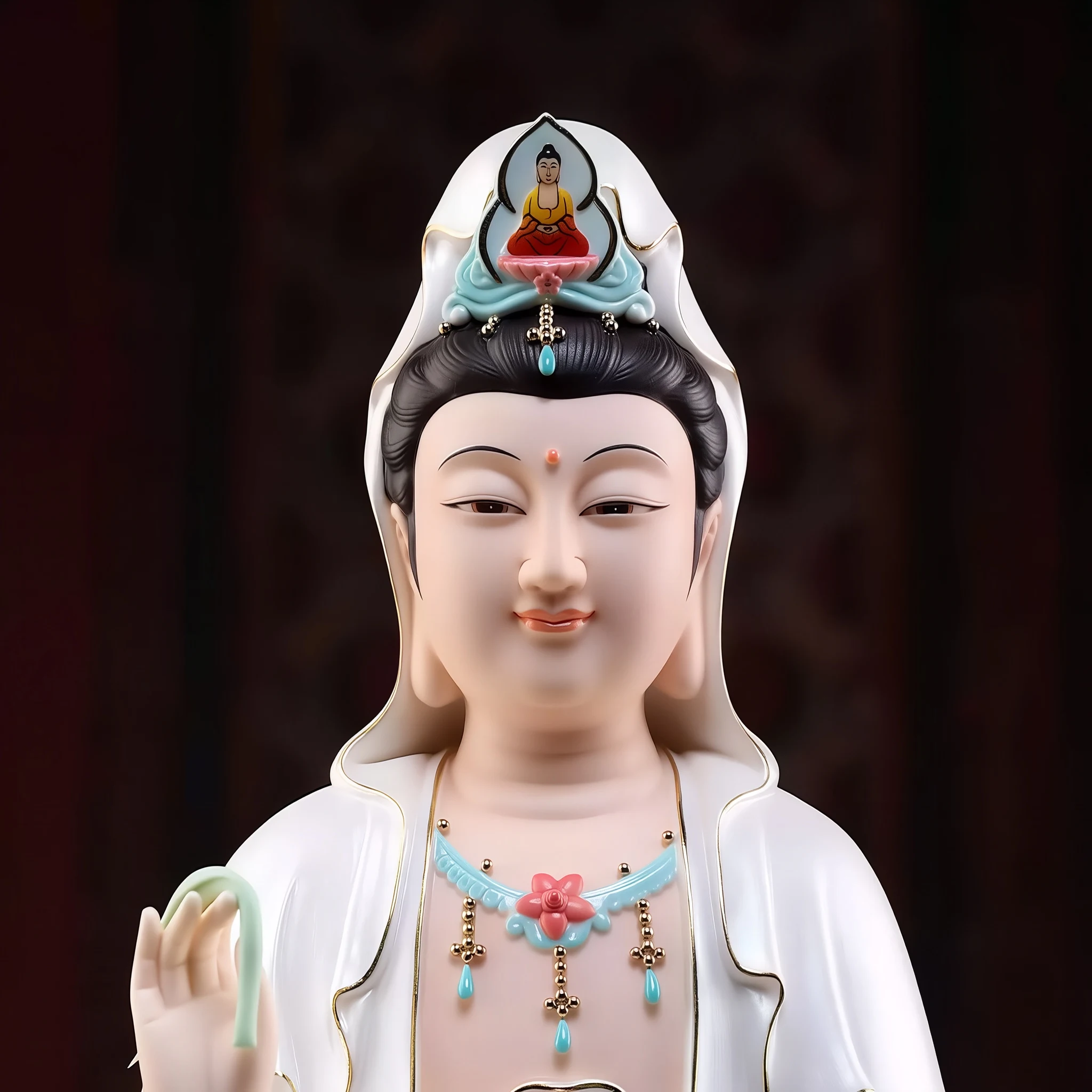 Linghui Kuan Yin’s softly smiling face, dark hair and white hood with a small painted Buddha in the crown